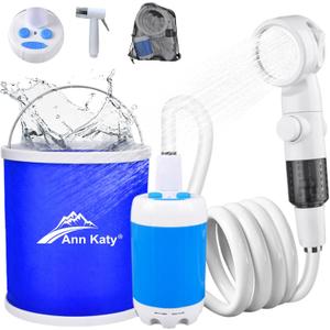 Portable Camping Shower Outdoor Camp Shower Pump with Portable Bucket,Upgrade Rechargeable Electric Shower Pump with Intelligent Multiple Spray Modes for Camping, Hiking, Traveling,RV