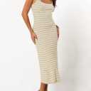Womens Striped Bodycon Long Dress 2025 Summer Sleeveless Square Neck Ribbed Knit Tank Dress (XL)