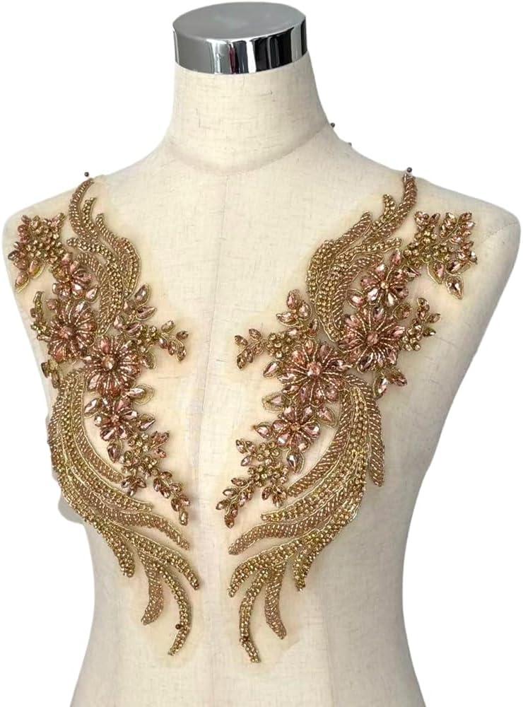 La Belleza 1 Pair Hand-Made Beaded Rhinestons DIY Clothing Appliques Patch,14.5" *4.12" Wedding Dress Decoration,Rose Gold Flower Applique by Pair