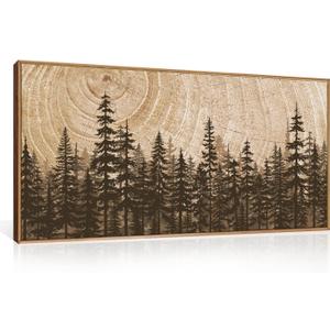 Pine Tree Framed Canvas Wall Art Set, Natural Woodland Landscape Wall Decor, Large Retro Forest Painting, Vintage Brown Artwork for Living Room, Bedroom, Kitchen, Study, Office - 20"x40"