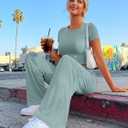 Trendy Queen 2 Piece Matching Summer Lounge Set Womens Side Ruching Top Wide Leg Pants Sets with Pockets (Green, S)
