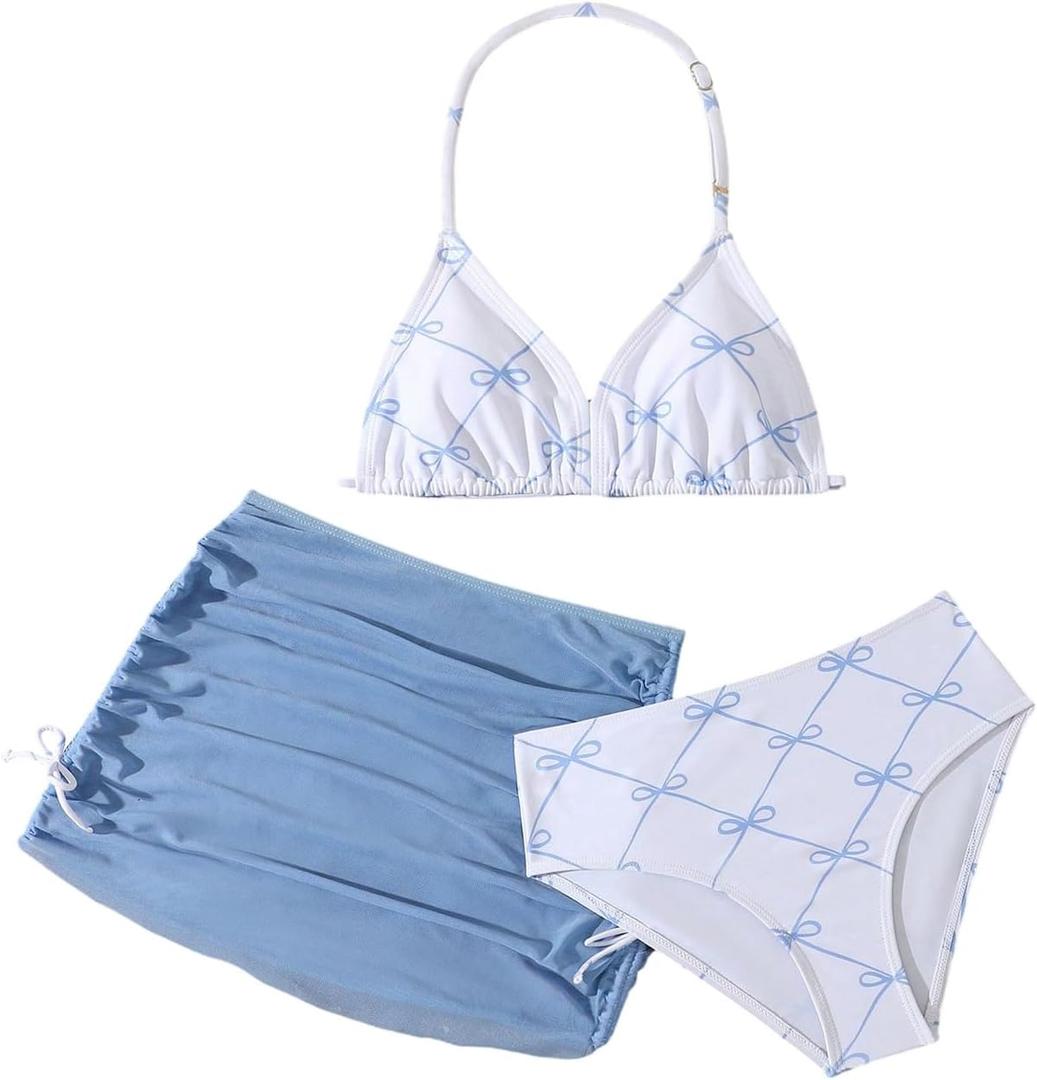 Verdusa Girl's 3 Piece Cute Swimsuit Bow Bikini Set Halter Triangle High Waisted Bathing Suit with Cover Up (Blue and White, for 10Years)
