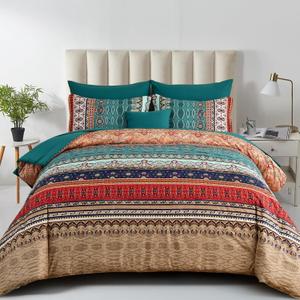 Boho Comforter Set California King Size 8 Pieces,Green and Brown Bohemian Striped Bed in a Bag,Floral Soft Microfiber Bedding Comforter Set for All Seasons