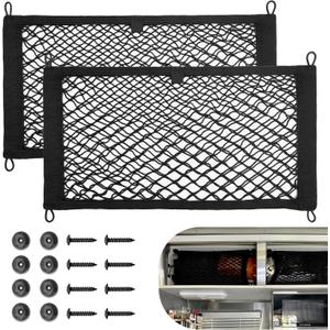 RED WOLF 2 Pcs Small Cargo Net Pocket Elastic Mesh Netting Car Mesh Pouch for Trunk RV Boats Home Cargo Storage with Screws and Hooks (17.7'' x 9.8'')