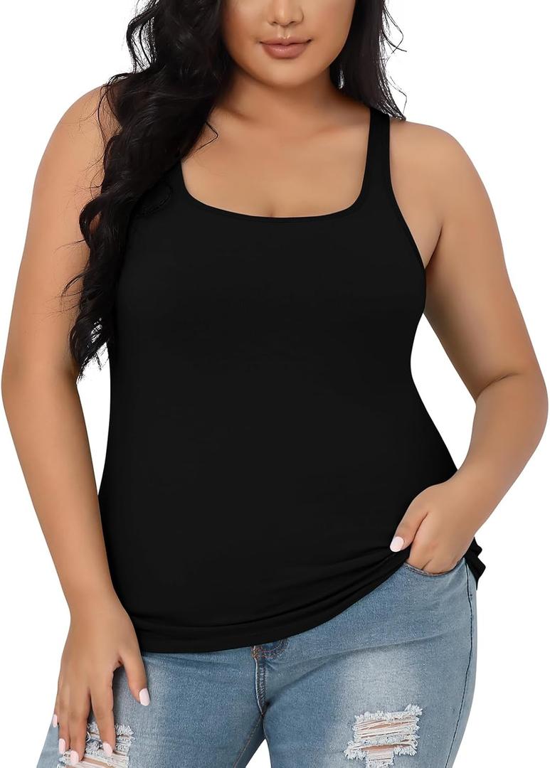 V FOR CITY Plus Size Tank Top for Women with Shelf Bra Adjustable Wide Strap Camisole Summer Basic Cotton Udershirts 1X-5X (Black)