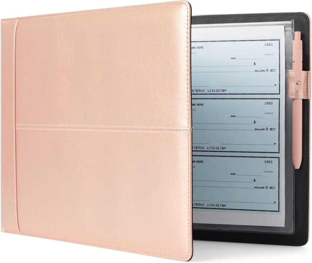 7 Ring Business Check Binder for Checkbooks Organization, Financial Records, Personal and Corporate Use, Rose Gold Faux Leather Folder for 600 Checks (14 x 10 Inches) (Pink)