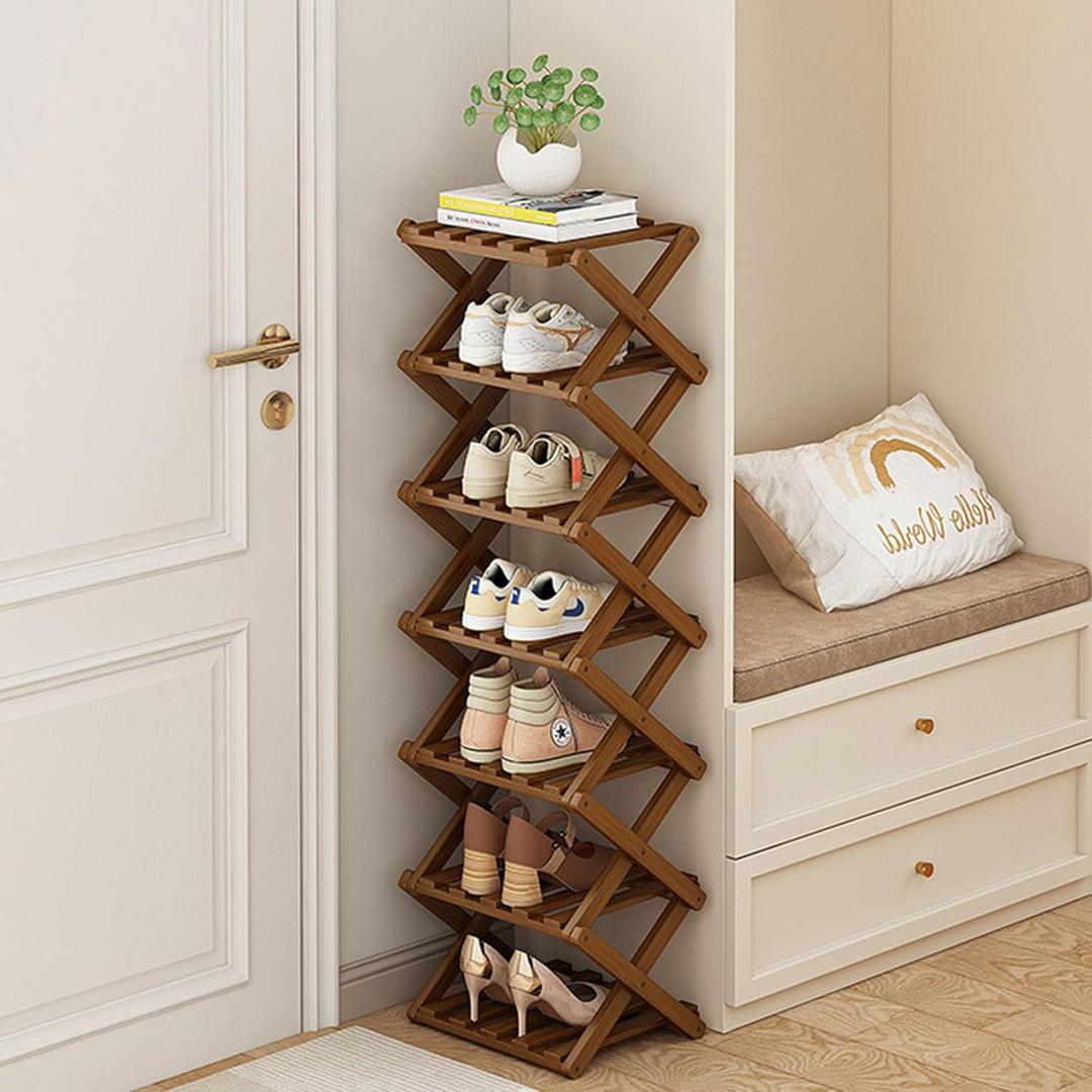 YYW Shoe Rack, Foldable Bamboo Shoes Shelf, Freestanding Shoe Storage Organiser for Entryway, Hallway, Bedroom, Closet (Brown, 7 Layers)