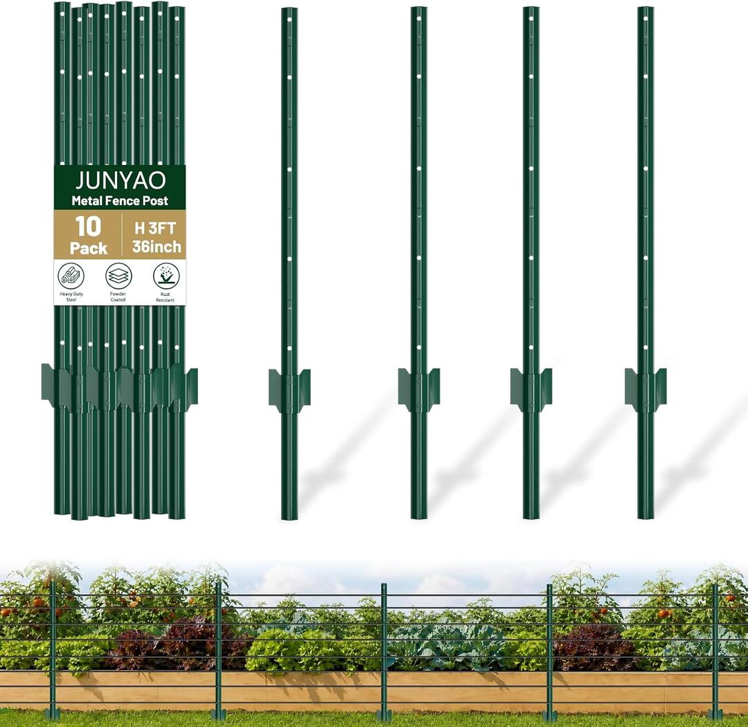 Fence Posts 3FT, 10 Pack Metal U Posts for Wire Fence, Heavy Duty Garden Fence Posts with Reinforced Anchor Plate, No Dig Rustproof Steel Fence Stakes for Yard, Farm, Chicken Wire, Temporary Fencing