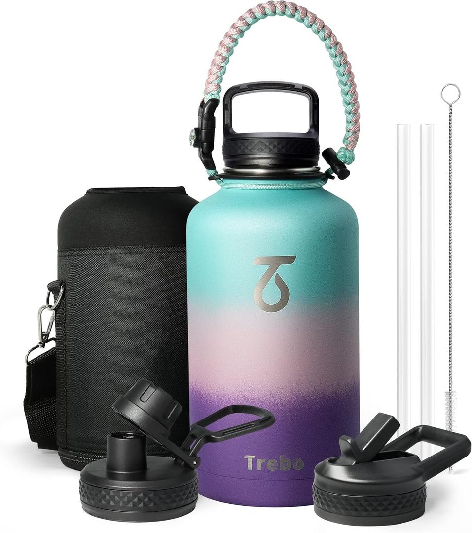 Trebo Water Bottle 64oz with Paracord Handle, Half Gallon Large Double Wall Vacuum Stainless Steel Insulated Water Jug with Straw Spout Handle Lids, Leakproof Keep Cold & Hot Ombre:Hydrangea