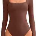 Avidlove Bodysuits for Women Sexy Long Sleeve Bodysuit Square Neck Double Lined Ruched Snap Closure Bodysuit Tops (Large, Brown)