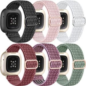 Ouwegaga Elastic Band Compatible with Fitbit Versa 4 Bands/Sense 2/Sense/Versa 3 Bands for Women Men, Adjustable Stretchy Nylon Solo Loop Sport Strap Compatible with Fitbit Smartwatch, 6 Packs