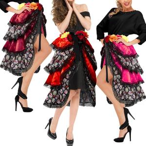 Hercicy 3 Pcs Day of The Dead Costumes Halloween Tie on Bustle Lady Multicolor Day of The Dead Bustle for Women Skull Skeleton Print Flower Bustle Dress for Girls Adult, Red, Rose Red and Brown Red