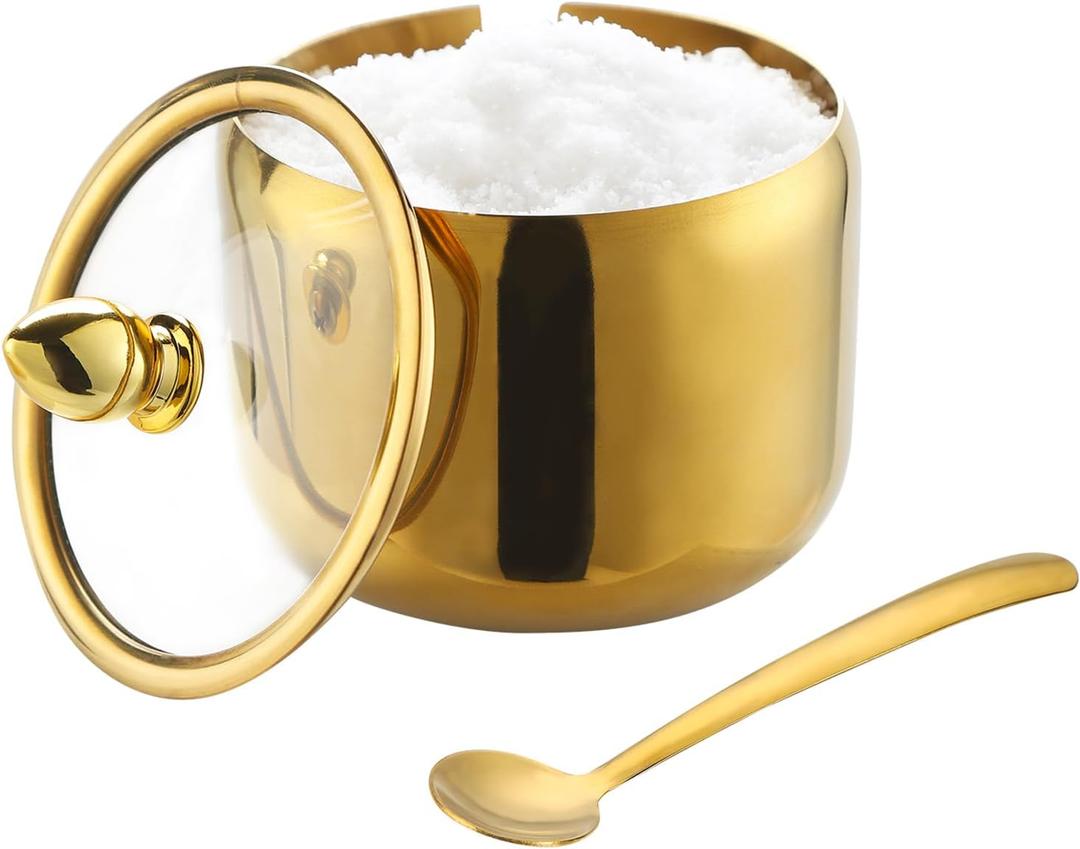 IBWell 10oz Sugar Bowl with Lid and Spoon Gold Sugar Container with Spoon for Coffee Bar Kitchen Accessories for Seasoning Sugar Salt Coffee Bean