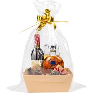 MADHOLLY 6 Set Baskets for Gifts Empty - Sturdy Kraft Gift Basket Kit, with Cellophane Wrap and Pull Bows, for Valentine's Day Housewarming Wedding Birthday Party Gift Wrapping, Natural Wood Tone