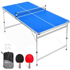 GoSports 6 x 3 ft Mid-Size Table Tennis Table Set with Adjustable Height - Blue