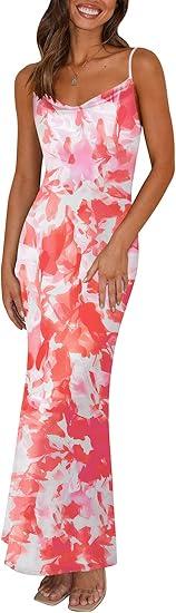 Women's 2025 Summer Floral Spaghetti Strap Maxi Dress Stretch Sexy Bodycon Dress Backless Slip Long Dresses, Size: M