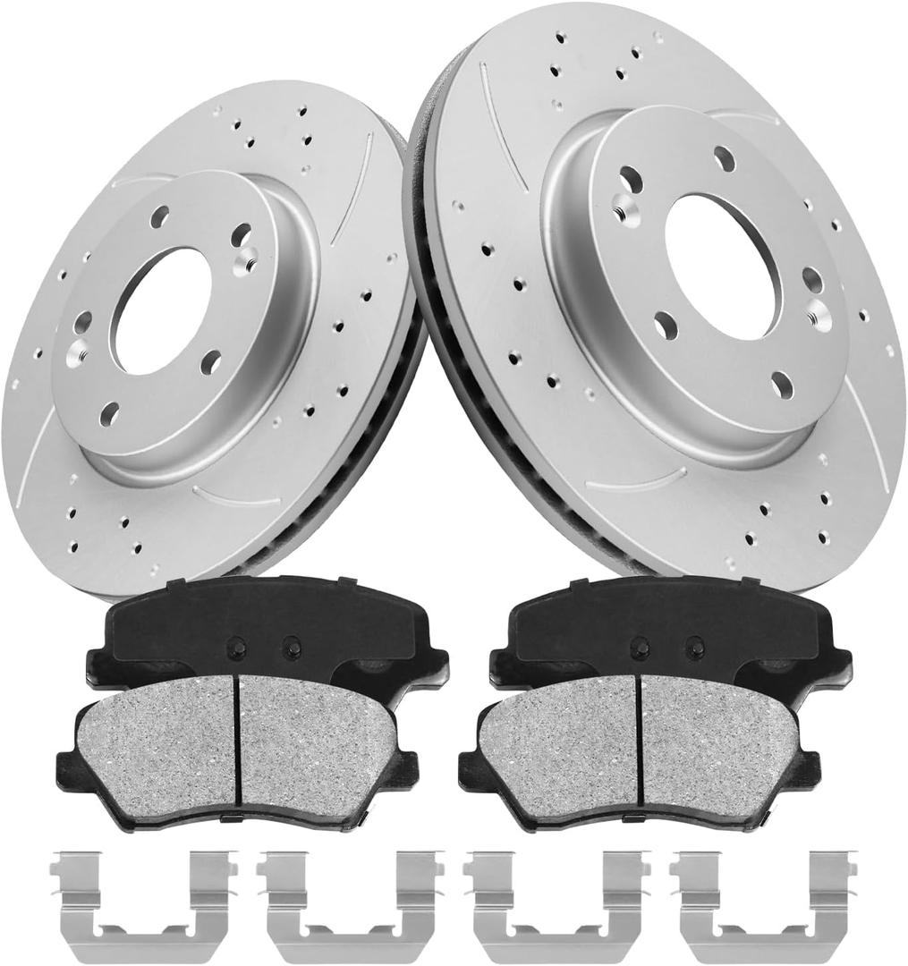 Front Automotive Replacement Brake Kit, Drilled Slotted Rotors Kit Compatible with 2011-2016 Hyundai Elantra, 2012-2017/2019-2021 Hyundai Veloster|Anti-Rust Geomet Coated|280mm(11in)