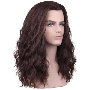 BERON Mens Brown Long Wigs With Halloween Cosplay Costume Party Wig Curly Middle Part Hair Wigs