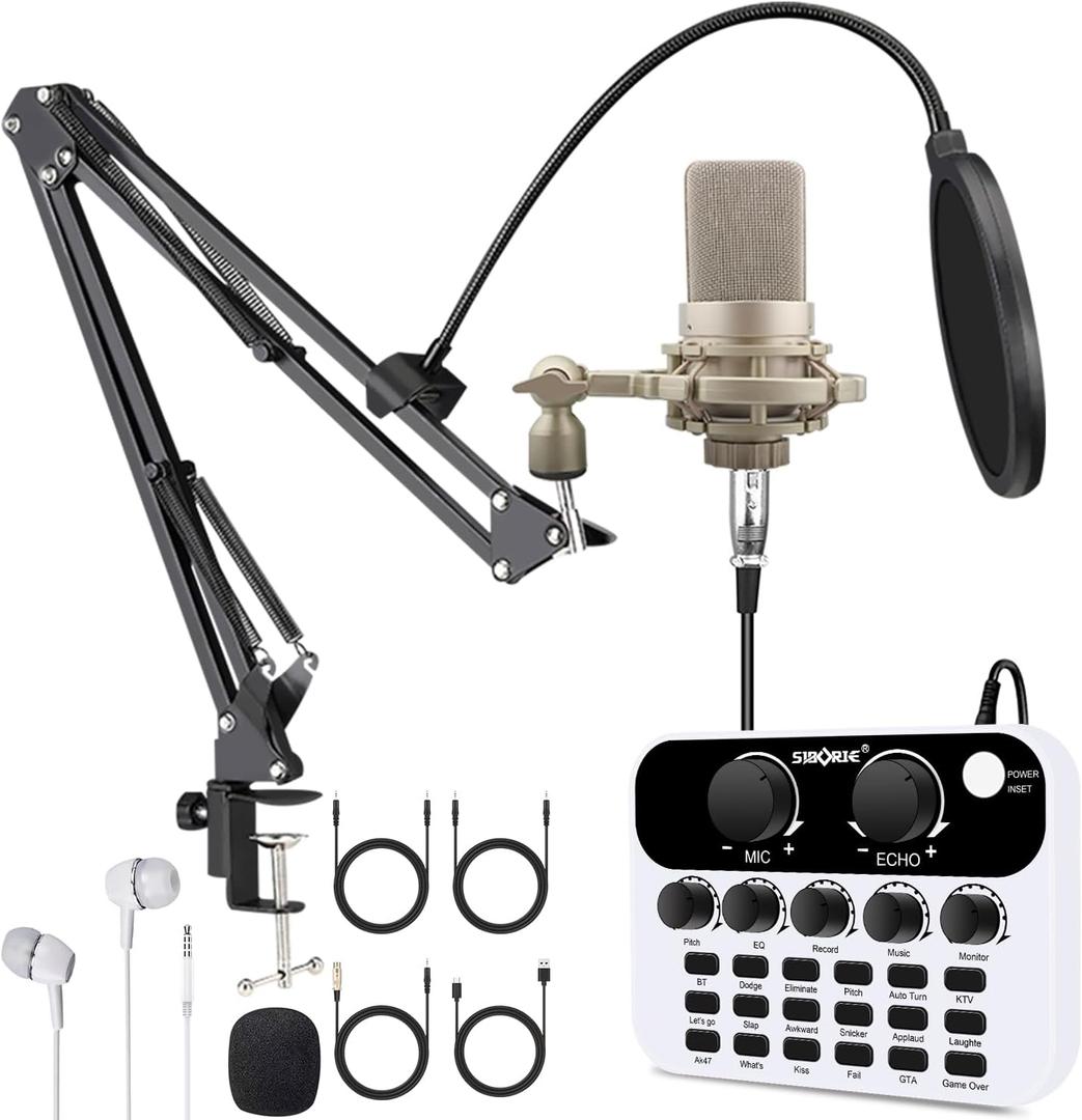 S23+103 Podcast Equipment Bundle,Condenser Mic Recording Studio,Streaming Podcast Mic Starter Kit, Live Sound Card with dj Mixer Effects & Voice Changer Audio Mixer for Vlog Living YouTube TikTok