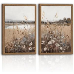 2Pcs Framed Wood Frame Vintage Wall Art Retro Farmhouse Wildflower Wall Decor Paintings Art Pictures, Country Floral Field Landscape Canvas Posters Prints for Bedroom Bathroom 16x24In