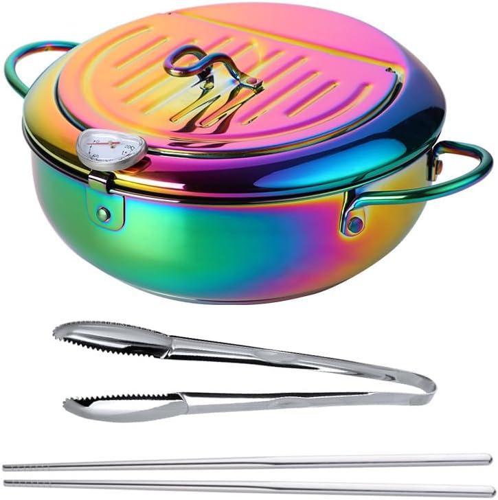 304 Stainless Steel Fryer Pot, 3.2L/2.8Qt Tempura Frying Pot with Thermometer Lid And Oil Drip Drainer Rack, Japaness Deep Fry Pot for Kitchen Chrips Fish etc, Dishwasher Safe, Rainbow