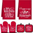 Sratte 6 Pcs Kitchen Decor Accessories Set Farmhouse Towels Pot Holders Oven Mitts Set 2 Dish Towels 2 Potholders 2 Cooking Mittens Oven Glove for Christmas Baking Cooking Supply(Red,Kitchen)