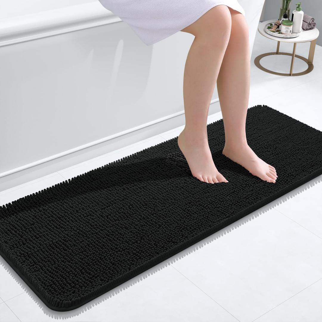 OLANLY Bathroom Runner Rugs 47x17, Extra Soft Absorbent Chenille Bath Rugs, Rubber Backing Quick Dry, Machine Washable Long Bath Mats for Bathroom Floor, Tub and Shower, Home Decor Accessories, Black