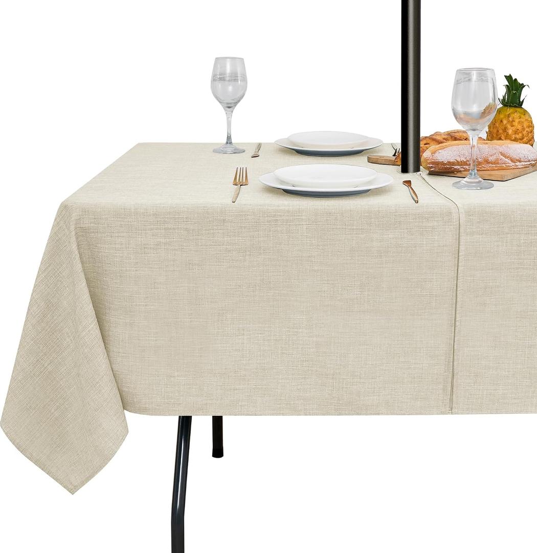 LUSHVIDA Outdoor Tablecloth with Umbrella Hole - Patio Table Cloth Zippered Rectangle 60x102 Inch, Beige Linen-Look Polyester Table Cover Water Resistant for Picnic Outside