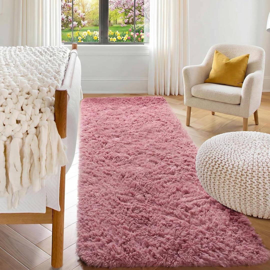 ONASAR Blush Runner Rugs for Bedroom Living Room, Fluffy 2x6 Bedside Hallway Area Rug, Ultra Soft Plush Furry Faux Fur Non Slip Floor Carpet for Nursery Kids Dorm Closet Home Decor Aesthetic