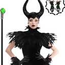 Women's Halloween Maleficent Costume, Gothic Black Crow Darkness Suits with Horn, Staff, Feather Cape Shawl and Long Lace Gloves and Footcovers for Adult Evil Witch Maleficent Queen Cosplay Party One Size