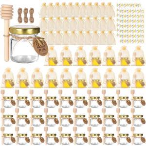 BIGIVACA 1.5 oz Round Mini Glass Honey Jars with Wood Dippers,48 Pack Small Honey Jars with Gold Lids,Bee Pendants,Jutes,Bee Stickers,Perfect for Baby Shower,Wedding Favors,Party Favors (1.5 oz round-48 pack)