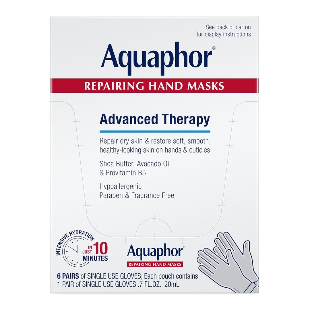 Aquaphor Repairing Hand Masks, Moisturizing Gloves for Dry Hands, Moisturizer for Dry Skin with Avocado Oil and Shea Butter, Pack of 6