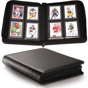 Top loader Binder - Holds 128 Cards in Toploaders for 3" x 4" Portable Card Binders Waterproof PU Leather, Ringless Double-Sided Pages (4 pocket, Carbon Black)