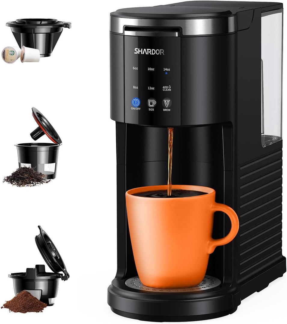 SHARDOR 3 in 1 Coffee Maker, K Cup Coffee Maker Compatible with Ground Coffee & Teas, Single Serve Coffee Machine, 614oz Brew Sizes, 40oz Detachable Water Reservoir, Descale Settings, Black