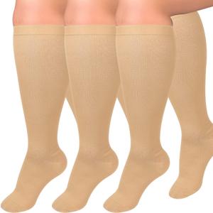 Diu Life 3 Pairs Plus Size Compression Socks for Women and Men Wide Calf Extra Knee High Support for Circulation (Beige, XXL)