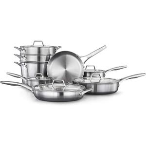 Calphalon 3-Ply Stainless Steel Cookware Set 13 Piece Includes Frying Pans, Pots and Pans Set, Induction, Metal Utensil Safe, Oven Safe 500F,PFOA Free, Silver
