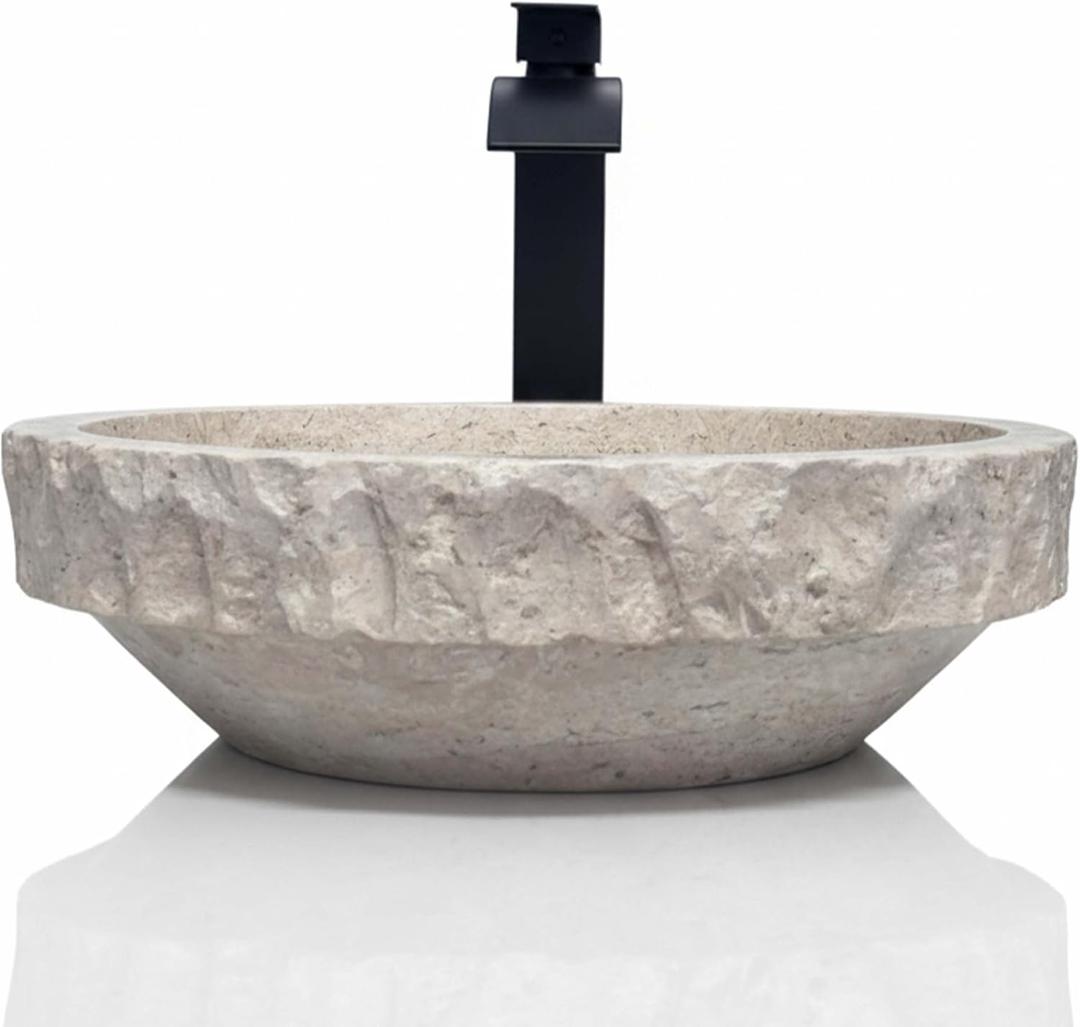 Round Travertine Vessel Sink, Natural Stone Wash Basin, Hand-Carved Bathroom Sink, Chiseled Exterior, Polished Interior, Above Counter Vanity (Soap Tray Included), Medium