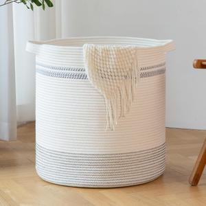 OIAHOMY 80L Laundry Basket, Laundry Hamper, Cotton Rope Storage Basket with Handles, Decorative Woven Basket for Living Room,Storage Baskets for Clothes, Blankets, and Toys -20''18'', White&Gray (Light Grey)
