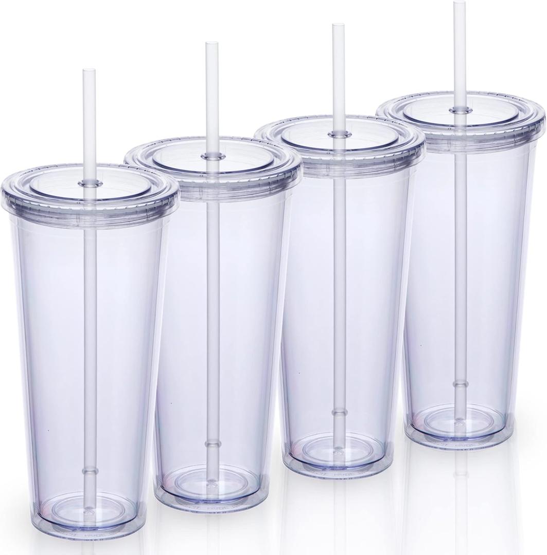 24oz Double Wall Plastic Tumblers with Lids and Straws | Large Classic Travel Tumbler | 4 Pack Set of 4 | Clear Reusable Cups with Straws | BPA Free
