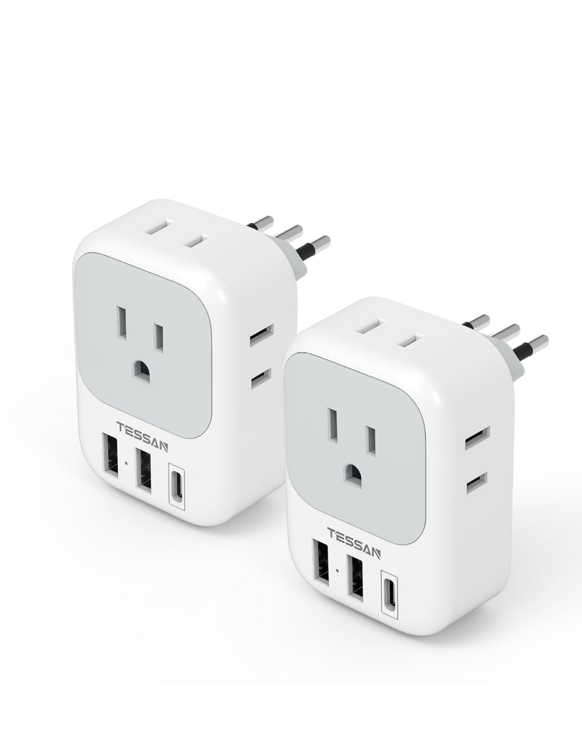 Italy Travel Plug Adapter 2 Pack, TESSAN Italy Power Adaptor with 4 Outlets 3 USB Charger (1 USB C Port), Type L Adapter for US to Chile Ethiopia Libya Syria Tunisia Uruguay