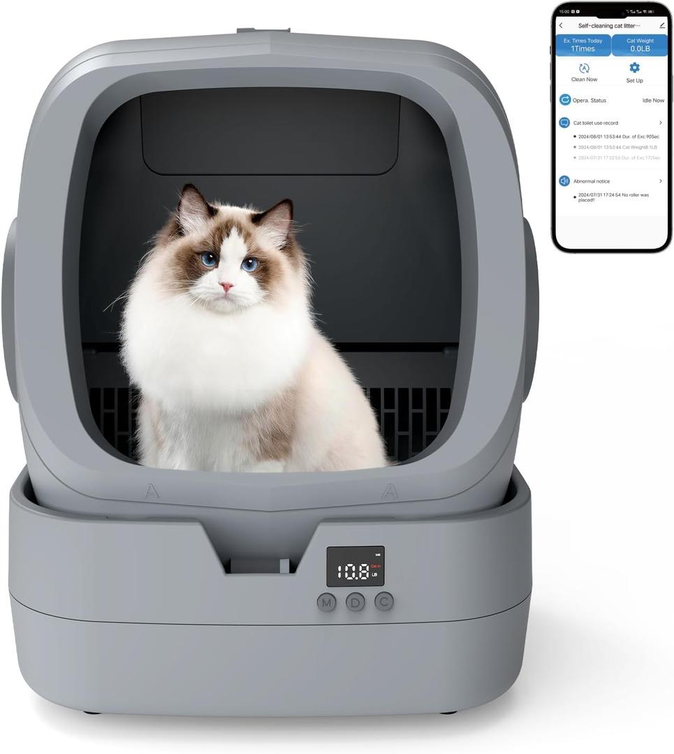 UPFAS Automatic Cat Litter Box Self Cleaning - APP Control - Weight Monitoring - Ultra-Quiet, Medium Cats and Kittens Litter Box, Safe Anti-PinchAssembly Required- Grey