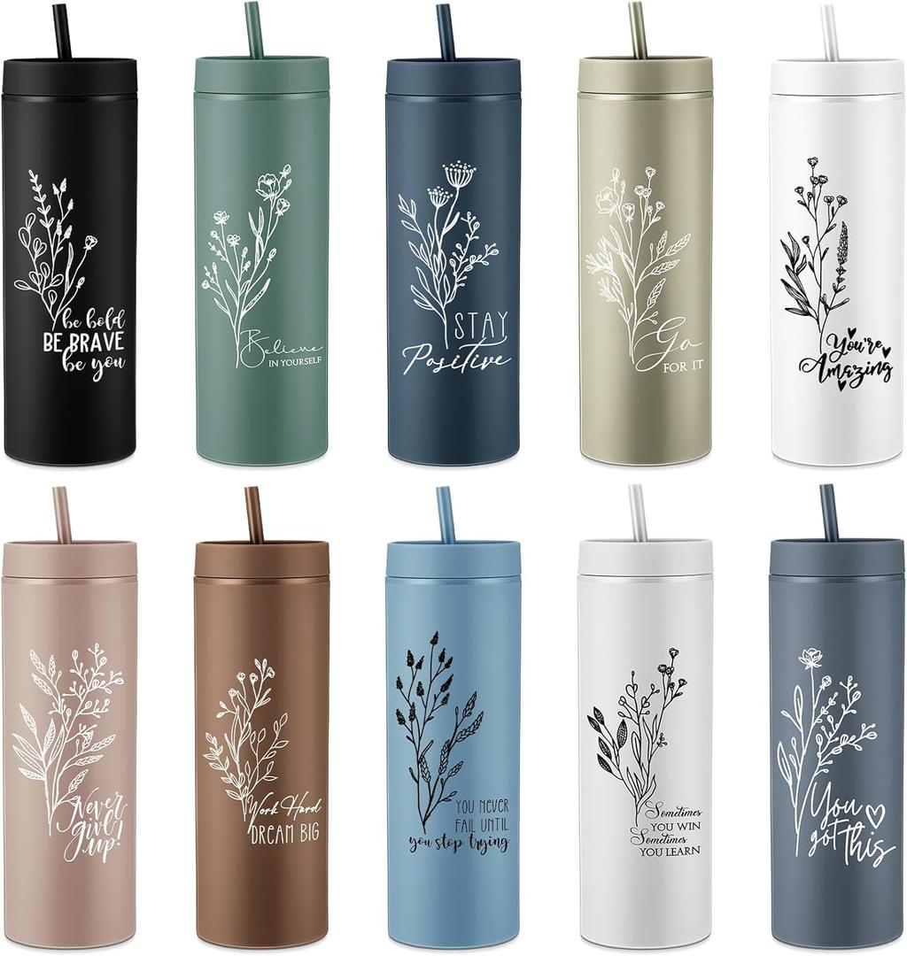 Tioncy 10 Pcs Employee Appreciation Gift Bulk Thank You Skinny Tumbler 16oz Matte Inspirational Water Cup with Lid Straw for Social Worker Office Team Coworker Teacher Nurse Volunteer(Aesthetic 2)