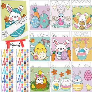 Blosssound 10 Set Easter Pre Printed Canvas Pre Drawn Canvas Painting with Easel Kits Pre Outline Painting Canvas Panels for Beginners, DIY Craft Project, Party Favor, Home Decors (Bunny)