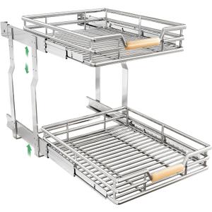 Kitstorack Pull out Cabinet Organizer, 2 Tier Heavy Duty Smooth Sliding Under Cabinet Shelves for Pots and Pans,Roll out Drawers with Thickened Chrome Plating(17" W X 21" D)