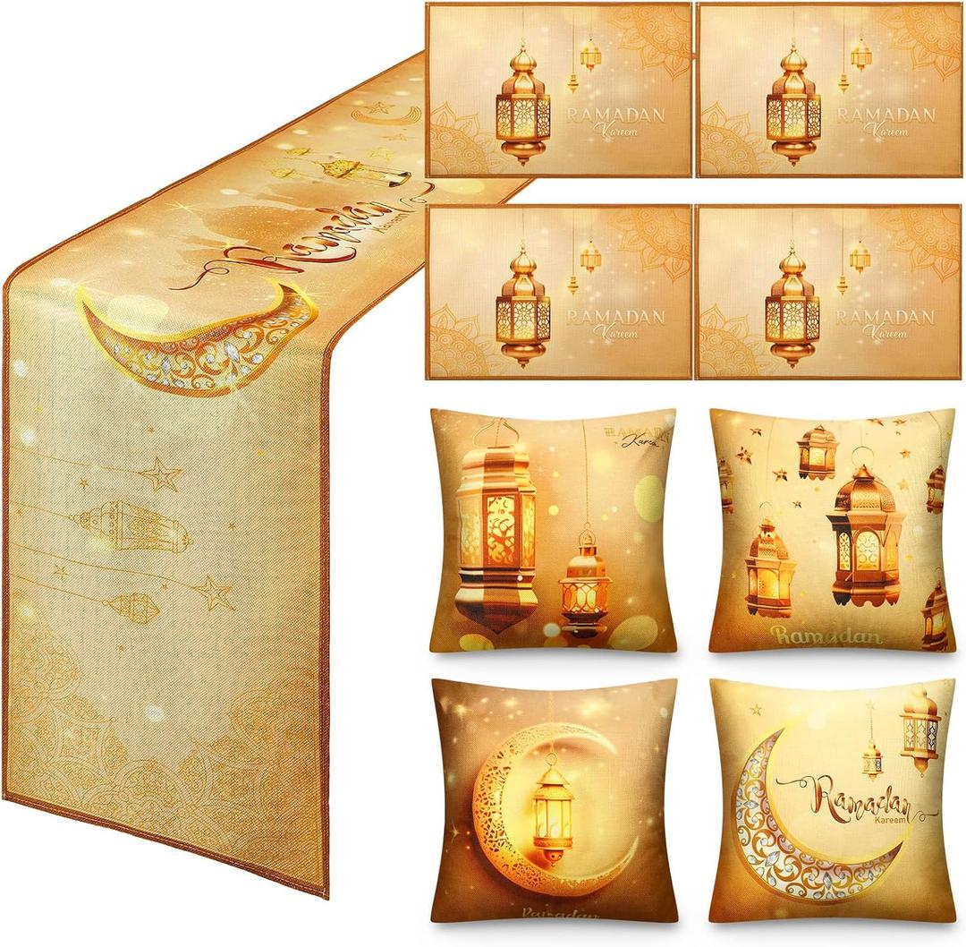 Hosuly 9 Pack Ramadan Party Decorations Set, 1 Pc Eid Mubarak Table Runner 4 Pcs Ramadan Placemat 4 Pcs Pillow Cover Eid al Fitr Table Decor Decoration Star Moon Lantern Decor Set for Home