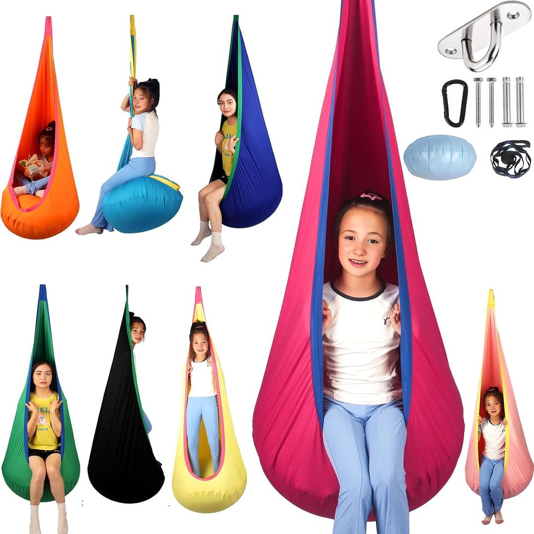 HiCamer Sensory Swing for Kids indoor and outdoor Pod hammock Chair Seat Upgrade Max 300 lbs Hanging Swing with Inflatable Cushion Includes Hardware Hanger Kit for Aspergers Autism ADHD (Cranberry), 63x33 inches