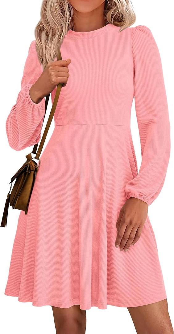 PRETTYGARDEN Womens A Line Long Sleeve Mini Dress | Soft Stretchy Ribbed Knit, Crew Neck High Waist, Flowy Babydoll Dresses with Pockets, Fall Fashion Party Going Out Wear (Pink, L)
