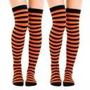 Lusofie 2 Pairs Halloween Striped Thigh High Socks Orange and Black Striped Stockings Over Knee Thigh High Stockings for Christmas Cosplay Partie (Orange and Black)