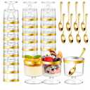 DI QIU REN  5oz Dessert Cups with Gold Rim and Golden Spoon, Plastic Dessert Parfait Cup Clear Appetizer Pudding Cup, Round Serving Goblet Cups Shot Glasse (Round Goblet with Gold Rim), 28 Dessert Cups