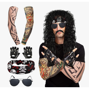 7 Pcs Rocker Costume Men's Wigs Black Curls Disco Costume Men's Party Costume Men with Wigs Sunglasses Beards Sleeves Gloves Headscarves for 70s 80s 90s, Medium